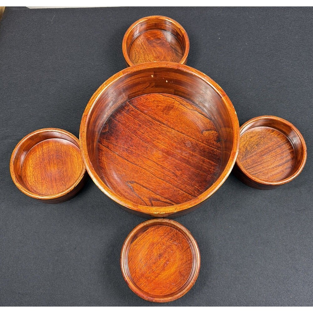 Vintage Wooden Gloss Salad Bowls w/ Serving Spoon Vintage